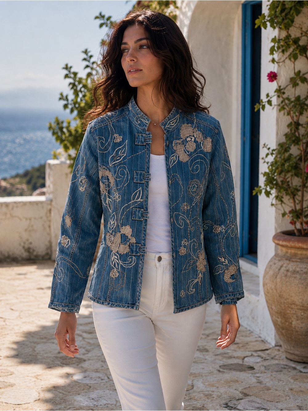 Chico’s Vintage 90s Embroidered Denim Jacket Floral Frog Button Artsy Boho M